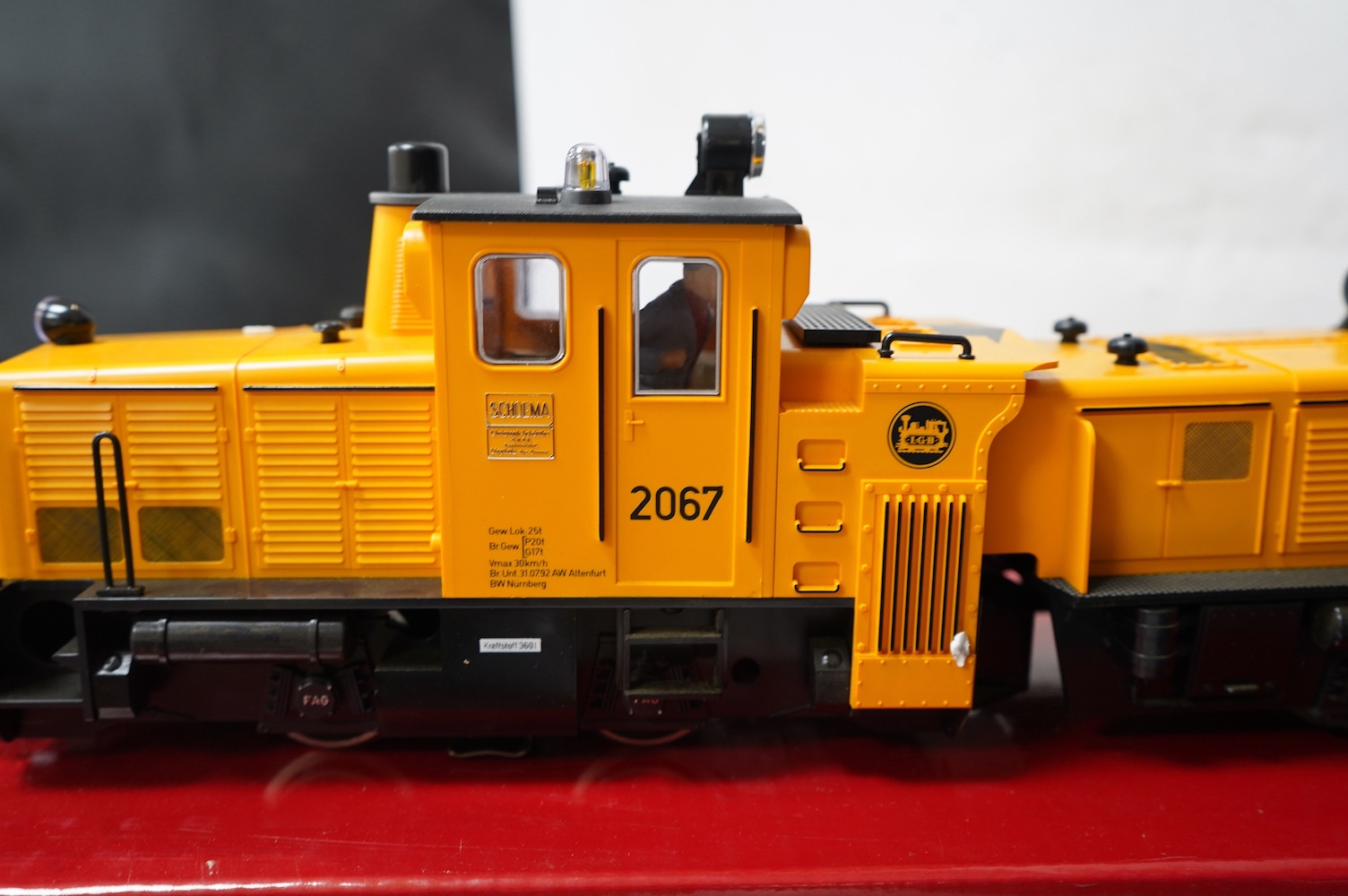 A boxed Lehman LGB (2067) G scale railway Schoema diesel rail cleaning locomotive, 2067, in yellow livery. Condition - good, some evidence of running wear.